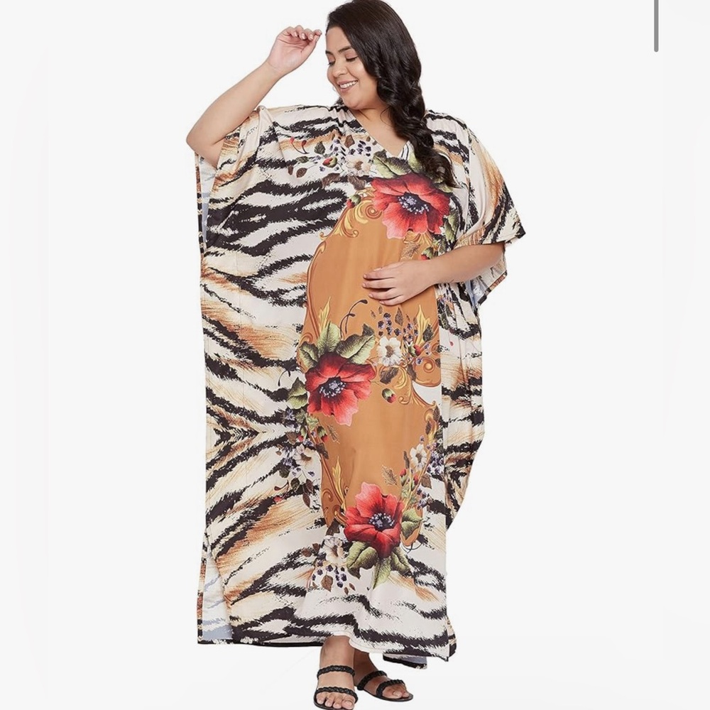 Gypsie Blu Casual Kaftan Long Dubai Caftan Beach Maxi Dress Leopard Floral